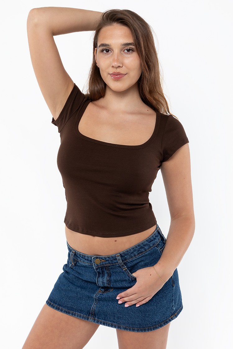 Baby Rib Square Neck Cap Tee Brown
